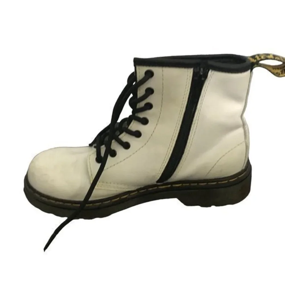 Dr Doc Martens 1460J Combat Boots‎ Youth Size 3 White Leather Lace Up Side Zip